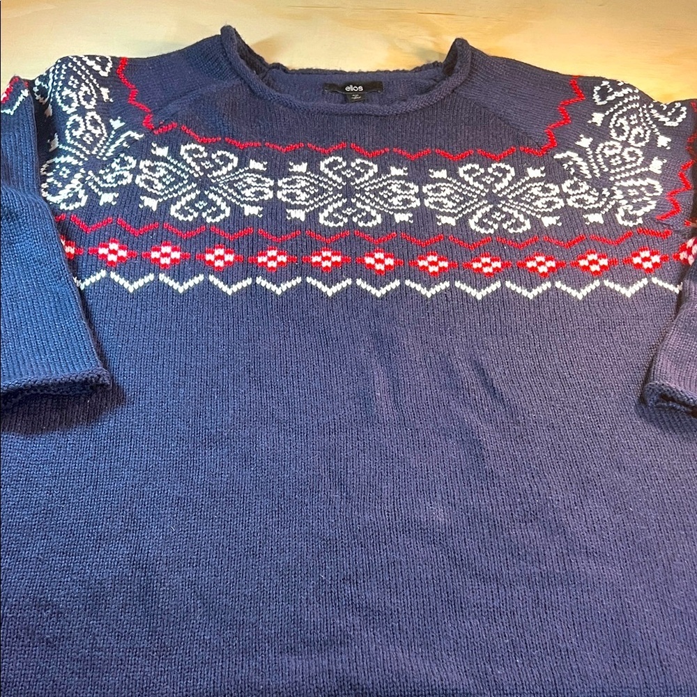 Ellos Navy/Red Nordic Pattern Babydoll bell sleeved Sweater Oversized Sz L